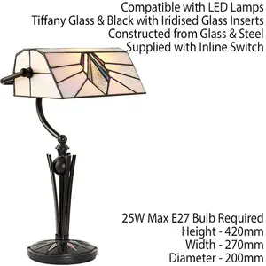 Tiffany Glass Table Lamp Bankers Desk Light Dark Bronze & Cream Shade i00172