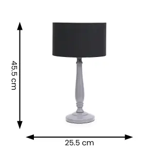 ValueLights Victoria Traditional Grey Wood Candlestick Table Lamp with Black Drum Shade - LED Bulb Included