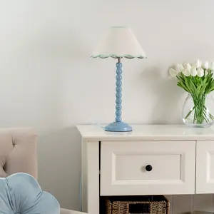 ValueLights Bobbles Powder Blue Bobbin Table Lamp with Green Trim Scallop Shade