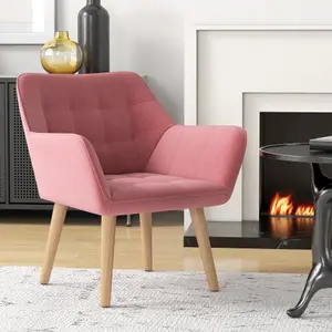 HOMCOM Velvet-Feel Accent Chair with Arms Slanted Back Wood Legs Pink