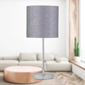 First Choice Lighting Set of 2 Chrome Stick Table Lamps with Grey Glitter Shades