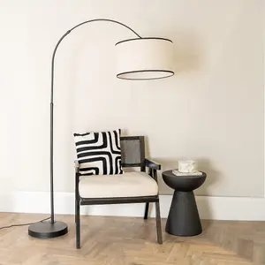 ValueLights Louis Black Metal Arched Floor Lamp with Linen Black Trim Drum Shade and LED Bulb