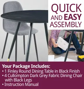 Hallowood Furniture Finley Small Round Dining Table in Black Finish with 4 Dark Grey Fabric Chairs