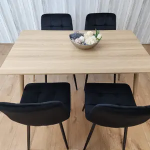 Rectangle Oak Effect Kitchen Dining Table With 4 Black Velvet Tufted Chairs Dining Set