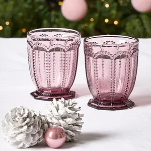 Set of 2 Vintage Luxury Purple Embossed Short Drinking Glass Whiskey Glass Tumblers 290ml