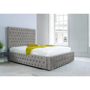 Orella Plush Bed Frame With Chesterfield Headboard - Silver