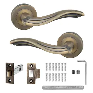 DecorAndDecor - Antique Brass Door Handle Set - Internal Door Handle Set - Brass Door Lever Handles Latch Kit - Solace Range