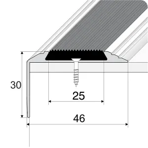 A38 46 x 30mm Anodised Aluminium Non Slip Rubber Stair Nosing Edge Trim - Silver With Black Rubber, 0.9m