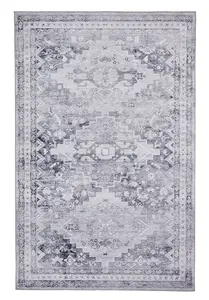 Grey Traditional Persian Bordered Geometric Rug for Dining Room Bed Room and Living Room-60 X 225cm (Runner)