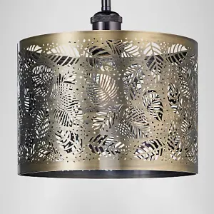 Contemporary Antique Brass Metal Pendant Light Shade with Fern Leaf Decoration