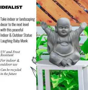 IDEALIST™ Buddha Statue 12.4 Inch Tall, Sage Reinforced Stone Laughing Baby Monk Figurine for Home and Garden L35.5 W25.5 H31.5 cm