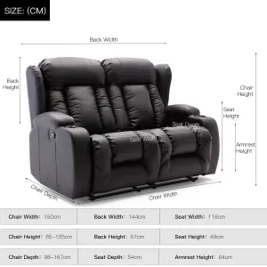 Caesar Manual High Back Luxury Bond Grade Leather Recliner 2 Seater Sofa (Black)