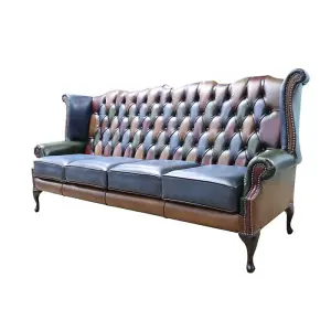 Chesterfield 4 Seater High Back Wing Sofa Antique Patchwork Leather In Queen Anne Style