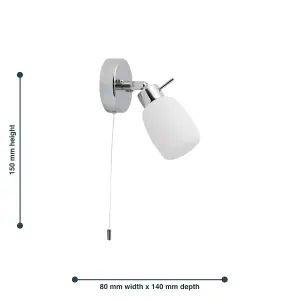 First Choice Lighting Set of 2 Brom Chrome Opal Glass IP44 Pull Cord Bathroom Wall Spotlights