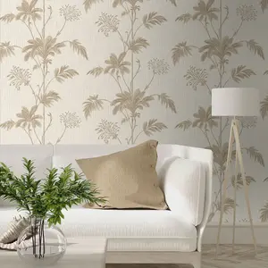 Grasscloth Textured Palm Vinyl Wallpaper Cream / Gold Belgravia 2913