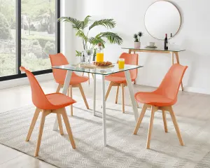 Furniturebox Seattle Scandi Inspired Glass and White Leg Square Dining Table & 4 Orange Cushioned Stockholm Beech Wood Leg Chairs