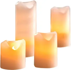 4 x Ivory Cream Real Wax LED Pillar Candles - Battery Powered Flickering Light Home Decoration - One of Each 5, 7.5, 10 & 13cm