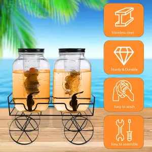 2x4 Litres Dual Double Glass Beverage Drinks Dispenser Screw Lid Jugs Tap Stand