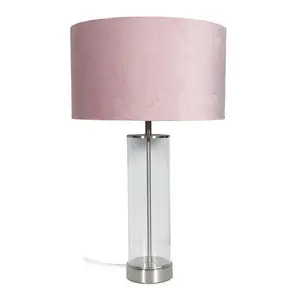 Simonetta Matt Gold and Clear Tube Table Lamp with Blush Velvet Reni Shade and 6W GLS Warm White Bulb Silver / Blush / No