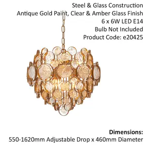 Antique Gold Ornate Chandelier - Clear & Amber Glass Detailling - Dimmable