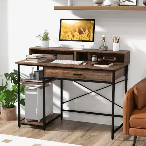 Costway 120cm Home Office Computer Desk w/ Drawer Open Shelves & Monitor Stand Writing Desk