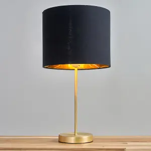 ValueLights Pair of - Modern Standard Table Lamps In Gold Metal Finish With Black/Gold Drum Shade