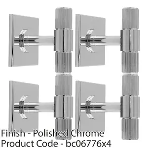 4 PACK - Reeded T Bar Cabinet Door Knob & Matching Backplate - Polished Chrome 40 x 40mm