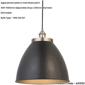 Hanging Ceiling Pendant Light - Large - Aged Pewter Plate & Matt Black Paint - 10W LED E27