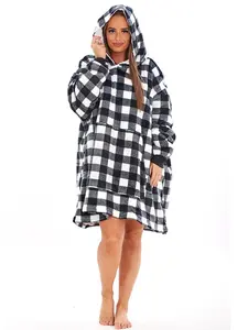 Wearable Hooded Fleece Blanket - Black Check, Adult