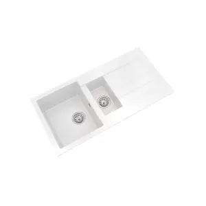 101cm Kitchen 1.5 Bowl Composite Inset Sink with Overflow & Drainer - Matt White