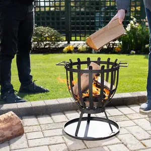 El Clasico Fire Basket with Handles - Black Metal Outdoor Garden Wood, Log or Briquette Burner Fire Pit Bowl - H42 x 34cm Diameter