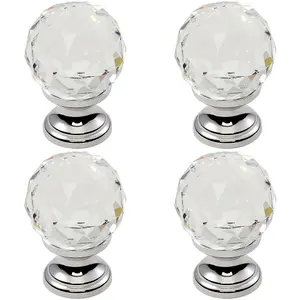 4x Faceted Crystal Cupboard Door Knob 35mm Dia Polished Chrome Cabinet Handle