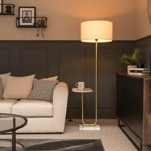 ValueLights Tavel Brushed Gold Floor Lamp with Table and White Shade