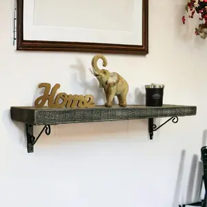 Solid Wood Handmade Rustical Shelf Monochrome 225mm 9 inch with Black Metal Bracket WOP Length of 170cm