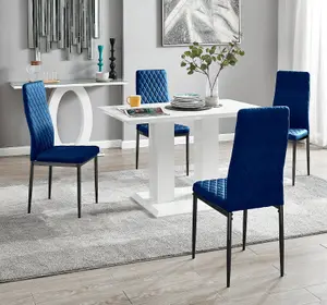 Furniturebox UK 4 Seater Dining Set - Imperia White High Gloss Dining Table and Chairs - 4 Navy Velvet Milan Black Leg Chairs