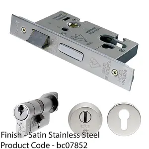 Front Door Sashlock & EURO Thumbturn Cylinder Lock Kit - 76mm Satin Steel