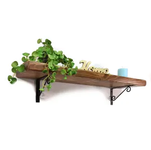 Wooden Rustic Shelf with Bracket WOP Black 220mm 9 inches Medium Oak Length of 60cm