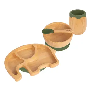 Tiny Dining 4pc Elephant Bamboo Suction Baby Feeding Set - Olive Green