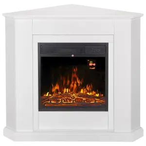 Modern White Corner Electric Fireplace with Remote Control, Triangle LED Log Fire, and Stylish Mantle