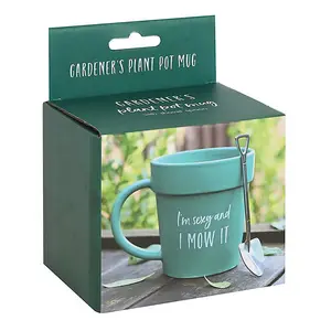 Green Ceramic Pot Mug and Shovel Spoon with Fun Text. Gift Idea. Height 10 cm