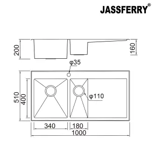 JASSFERRY Handmade Stainless Steel Kitchen Sink 1.5 Tight Radius Bowl 1.2mm Thickness Inset Right Hand Drainer