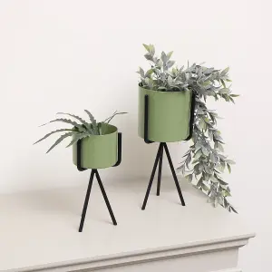 Melody Maison Set of 2 Sage Green Metal Planter Pots with Stand