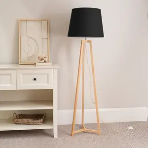 ValueLights Lottie Natural Wood Tripod Floor Lamp with Black Tapered Shade - LED Bulb Included