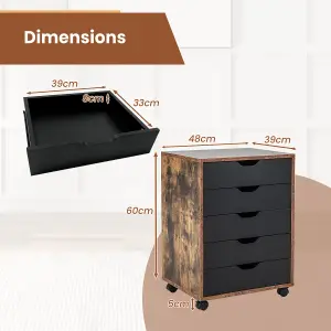 Costway 5 Drawer Rolling Storage Cabinet Mobile Chest of Drawers Wooden Dresser Organizer Coffee