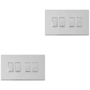 2 PACK 4 Gang QUAD Light Switch SCREWLESS POLISHED CHROME 2 Way 10A Rocker