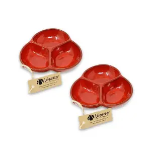 Selena Hand Dipped Glaze Red Kitchen Dining Set of 2 Small Snack Trio Dishes (Diam) 13cm