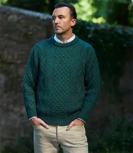 Men's Aran Cable Knit Crew Neck Wool Jumper Moss Green