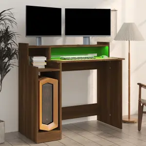 Berkfield Desk with LED Lights Brown Oak 97x45x90 cm Engineered Wood