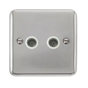 Curved Polished Chrome 2 Gang Twin Coaxial TV Socket - White Trim - SE Home