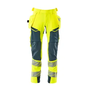 Mascot Accelerate Safe Trousers with Holster Pockets - Hi-Vis Yellow/Dark Petroleum   (30.5) (Leg Length - Regular)